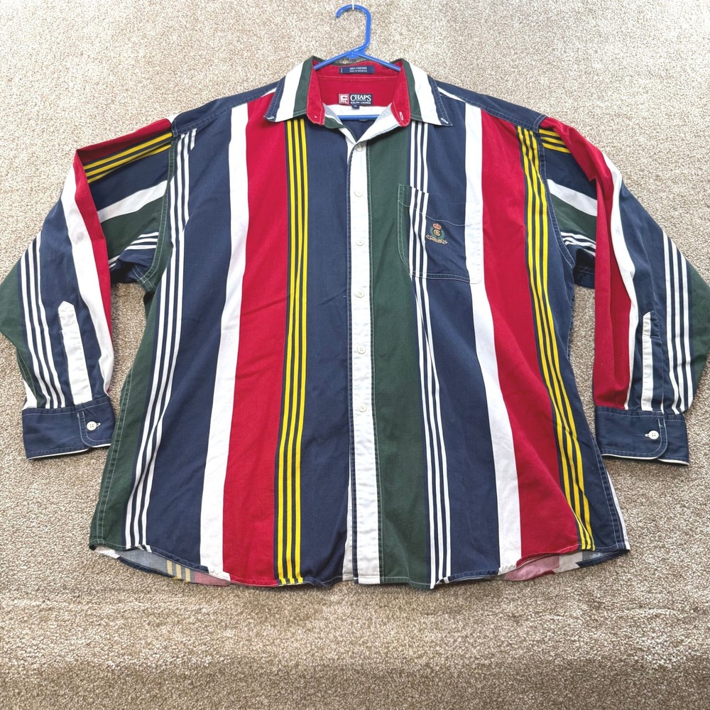 Chaps Ralph Lauren Mens XL Multicolor Striped Cotton VTG Button Down Shirt 90s
